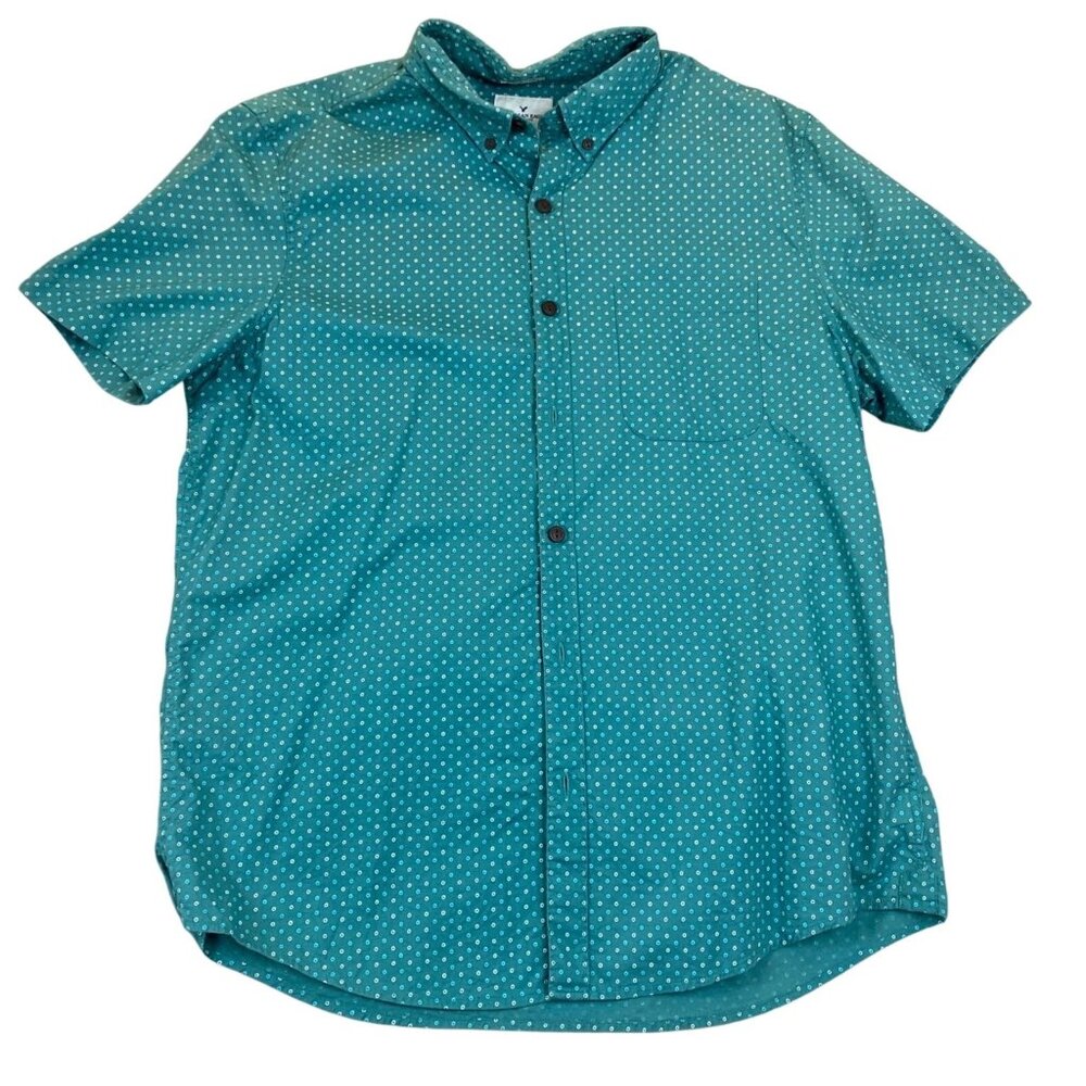 American Eagle Men's Shirt L Seriously Soft Teal Polka Dot Short Sleeve Button-U